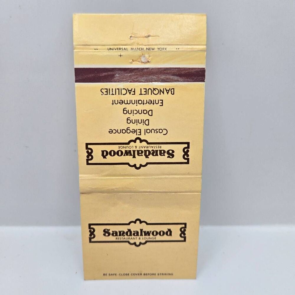 Vintage Matchcover Sandalwood Restaurant Lounge New Jersey Clifton E Brunswick F